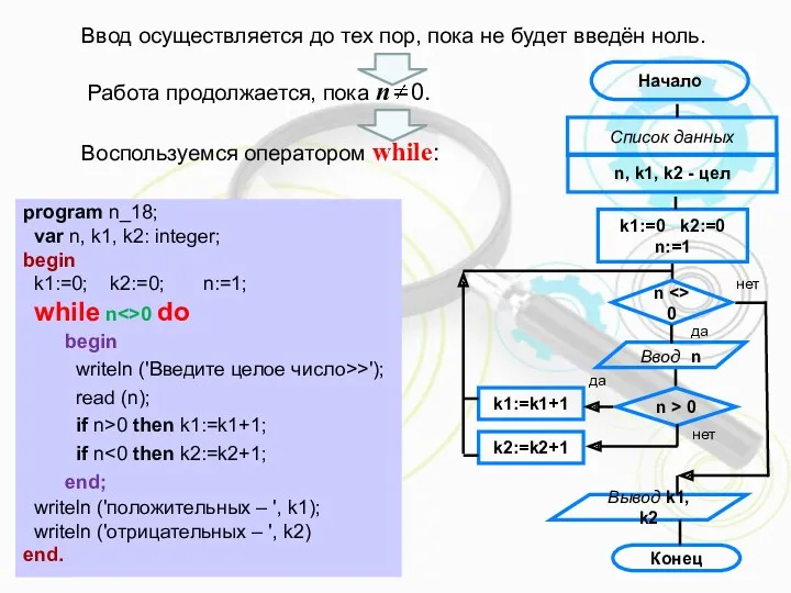 Ввод осуществляется до тех пор, пока не будет введён ноль. Работа продолжается, пока