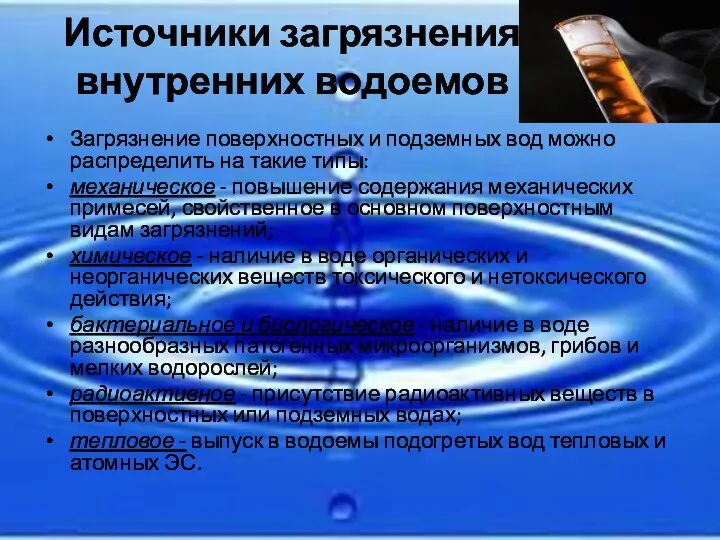 Источники загрязнения внутренних водоемов Загрязнение поверхностных и подземных вод можно