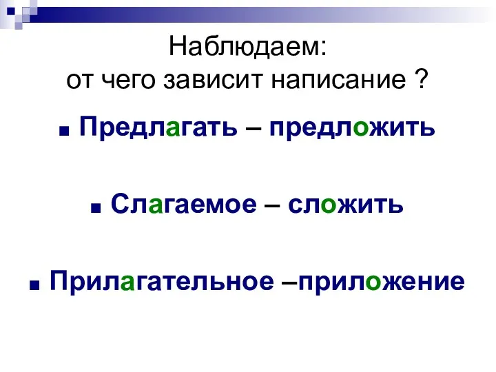 Наблюдаем: от чего зависит написание ? Предлагать – предложить Слагаемое – сложить Прилагательное –приложение