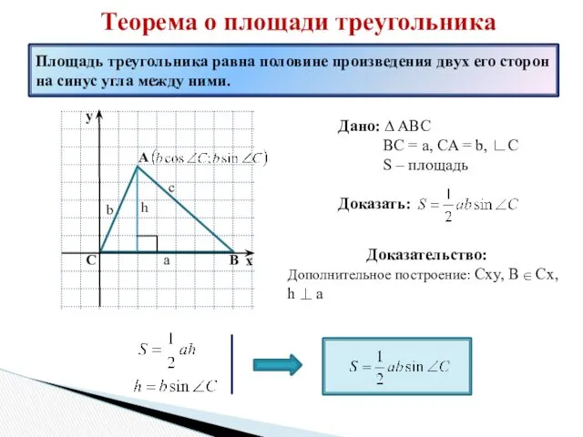 Теорема о площади треугольника Площадь треугольника равна половине произведения двух