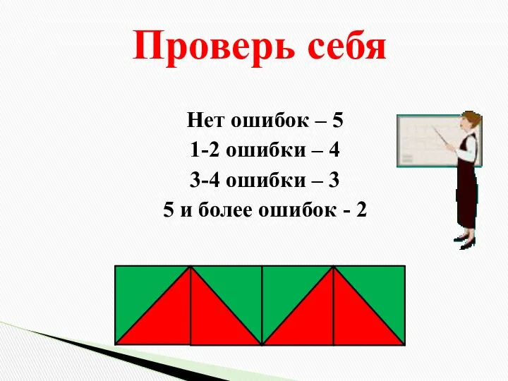 Проверь себя Нет ошибок – 5 1-2 ошибки – 4