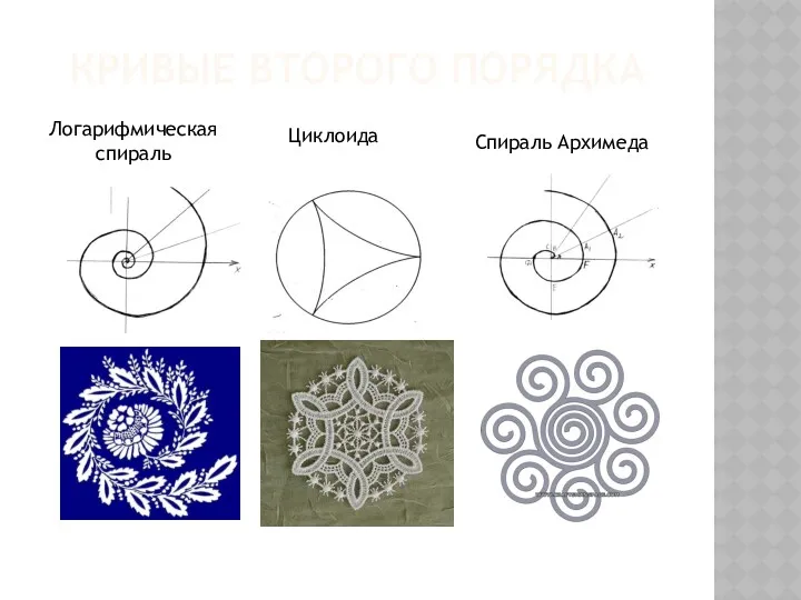 Кривые второго порядка Логарифмическая спираль Циклоида Спираль Архимеда