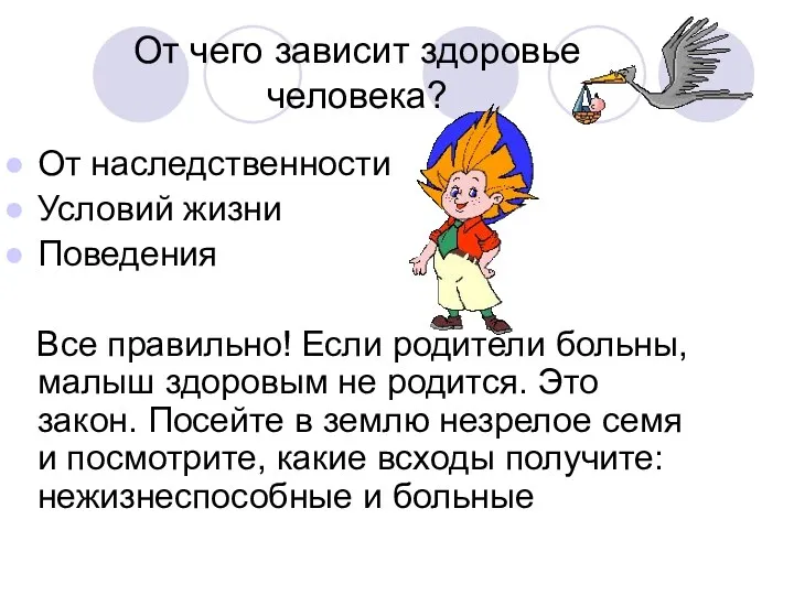 От чего зависит здоровье человека? От наследственности Условий жизни Поведения