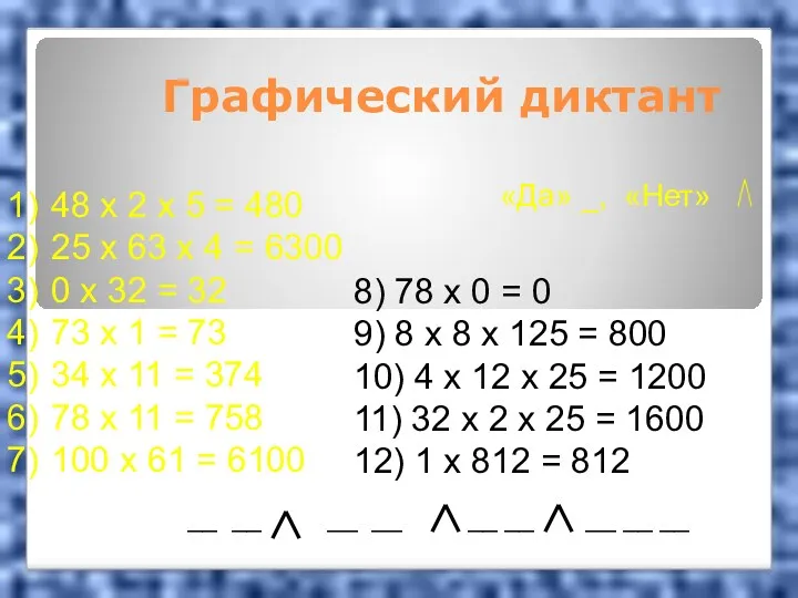 Графический диктант «Да» _, «Нет» 48 x 2 x 5 = 480 25