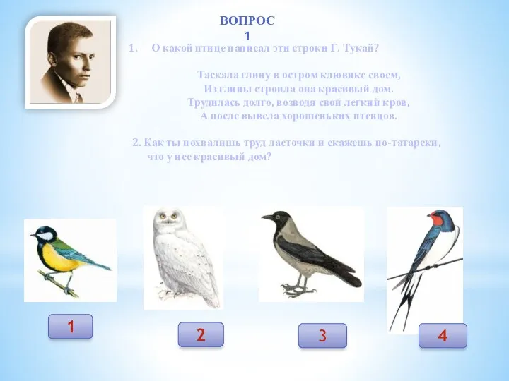 Вопрос 1 О какой птице написал эти строки Г. Тукай?