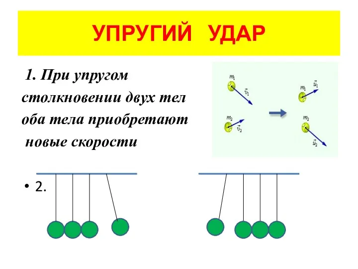 УПРУГИЙ УДАР 1. При упругом столкновении двух тел оба тела приобретают новые скорости 2.