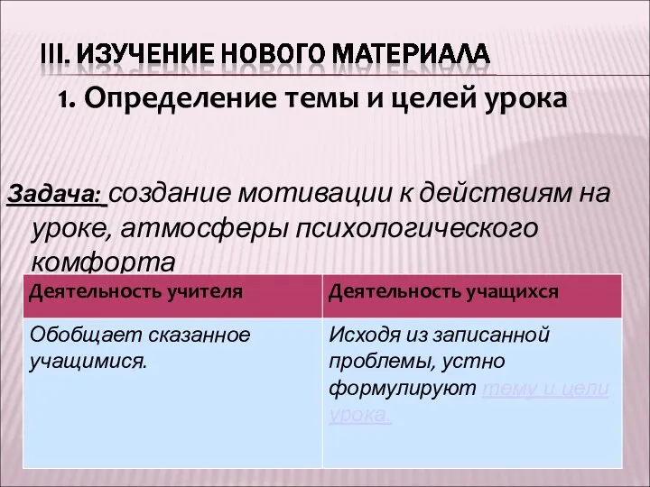 Задача: создание мотивации к действиям на уроке, атмосферы психологического комфорта 1. Определение темы и целей урока