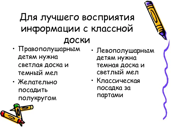 Для лучшего восприятия информации с классной доски Правополушарным детям нужна