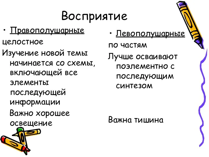 Восприятие Правополушарные целостное Изучение новой темы начинается со схемы, включающей