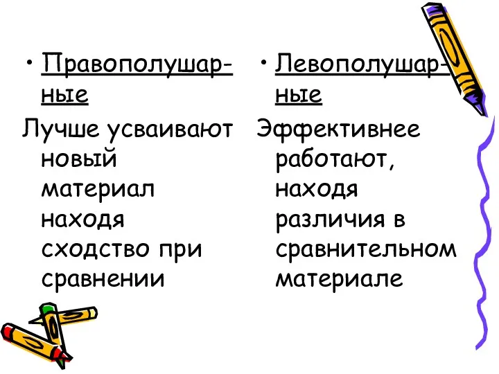 Правополушар-ные Лучше усваивают новый материал находя сходство при сравнении Левополушар-ные