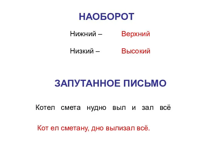 НАОБОРОТ Нижний – Низкий – Верхний Высокий ЗАПУТАННОЕ ПИСЬМО Котел