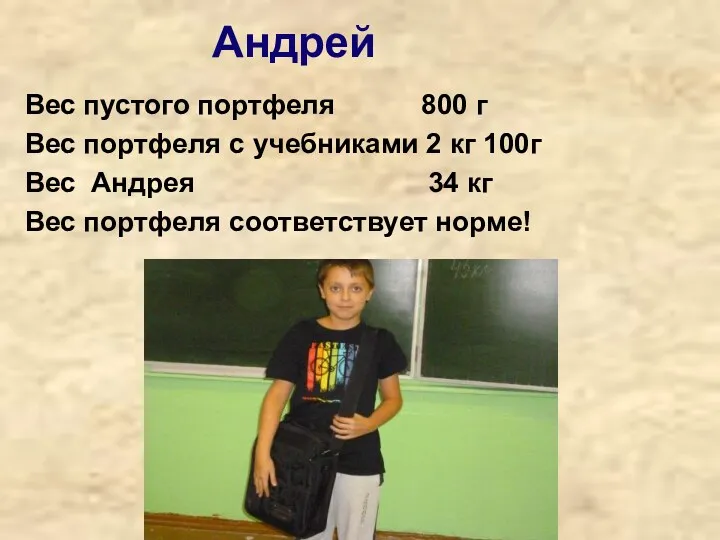 Андрей Вес пустого портфеля 800 г Вес портфеля с учебниками
