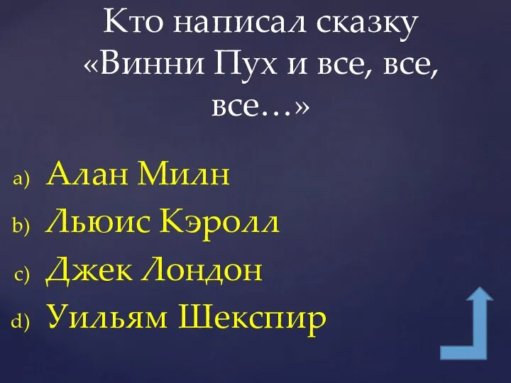 Алан Милн Льюис Кэролл Джек Лондон Уильям Шекспир Кто написал сказку «Винни Пух