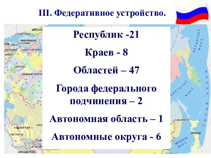 III. Федеративное устройство. Республик -21 Краев - 8 Областей –