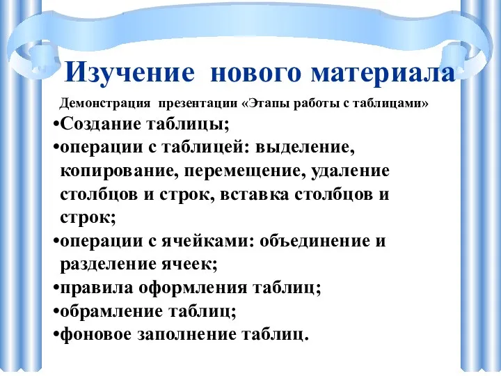 Изучение нового материала Демонстрация презентации «Этапы работы с таблицами» Создание