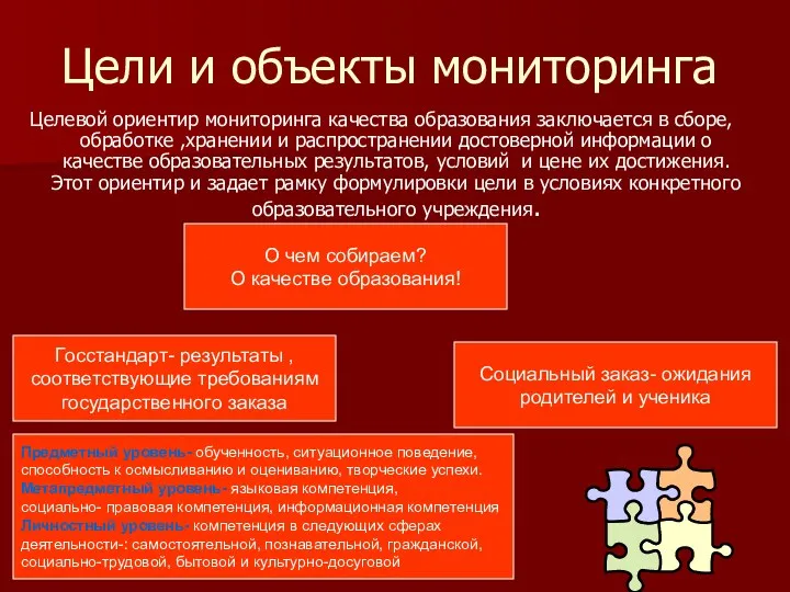 Цели и объекты мониторинга Целевой ориентир мониторинга качества образования заключается