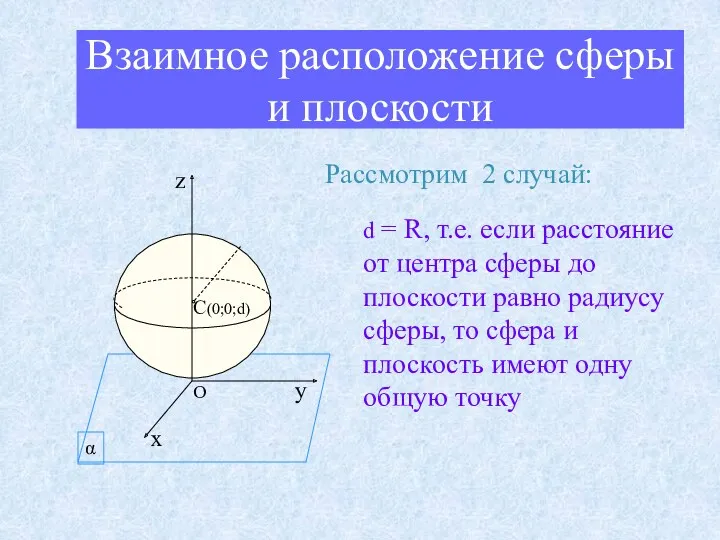 Взаимное расположение сферы и плоскости Рассмотрим 2 случай: d =