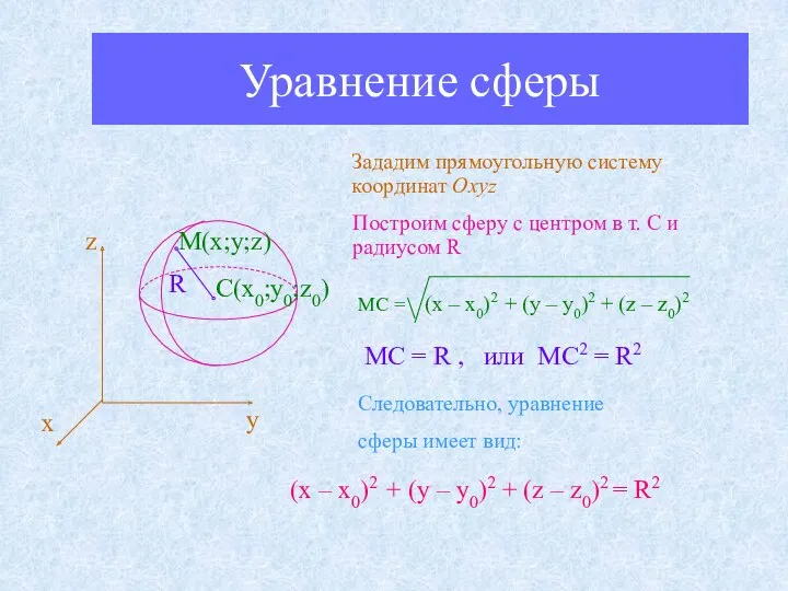 Уравнение сферы Зададим прямоугольную систему координат Оxyz z х у