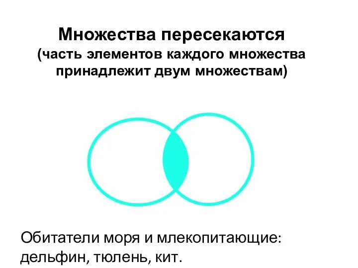 Множества пересекаются (часть элементов каждого множества принадлежит двум множествам) Обитатели моря и млекопитающие: дельфин, тюлень, кит.