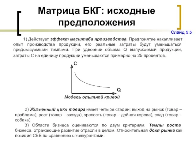 Матрица БКГ: исходные предположения 1) Действует эффект масштаба производства. Предприятие накапливает опыт производства