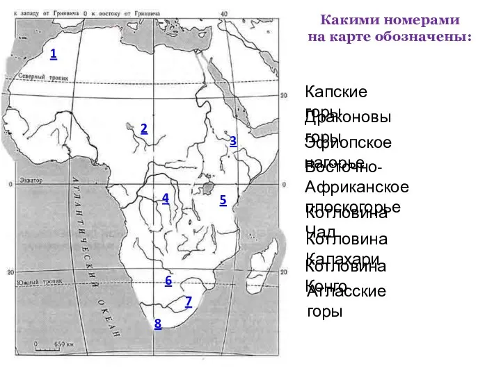 Какими номерами на карте обозначены: Атласские горы Капские горы Драконовы