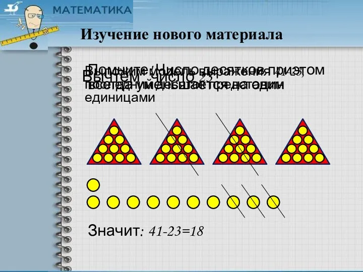 Изучение нового материала Выложим модель выражения 41-23, последний десяток представим