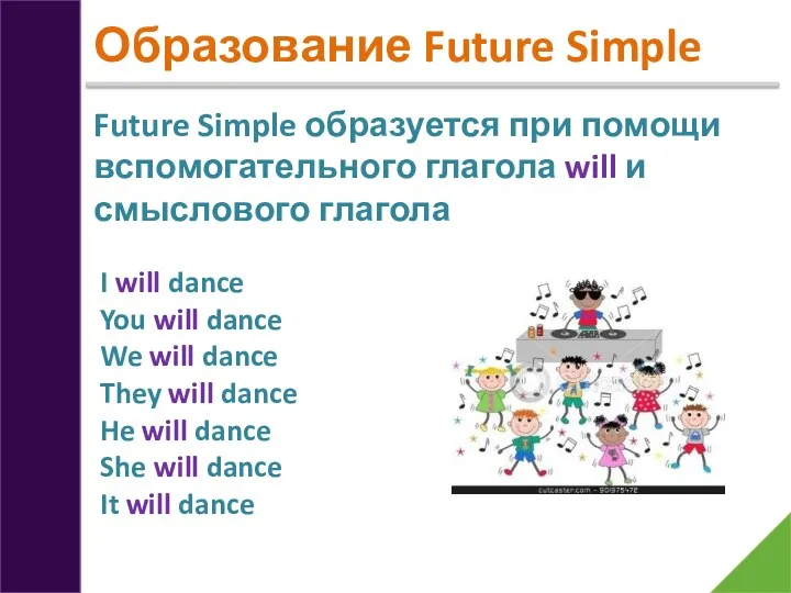 Образование Future Simple Future Simple образуется при помощи вспомогательного глагола