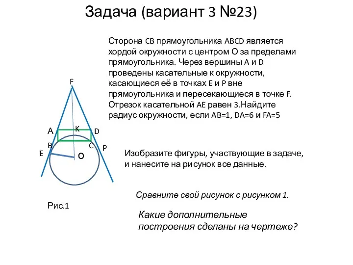 Задача (вариант 3 №23) Сторона CB прямоугольника ABCD является хордой окружности с центром