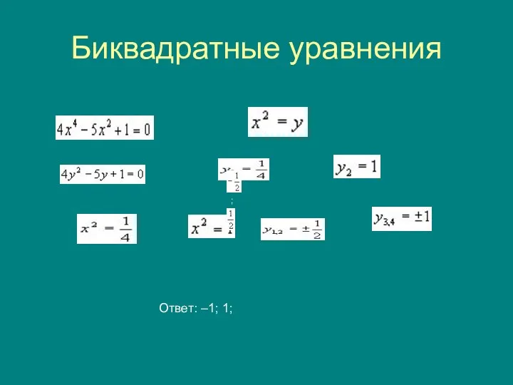 Биквадратные уравнения Ответ: –1; 1; ;