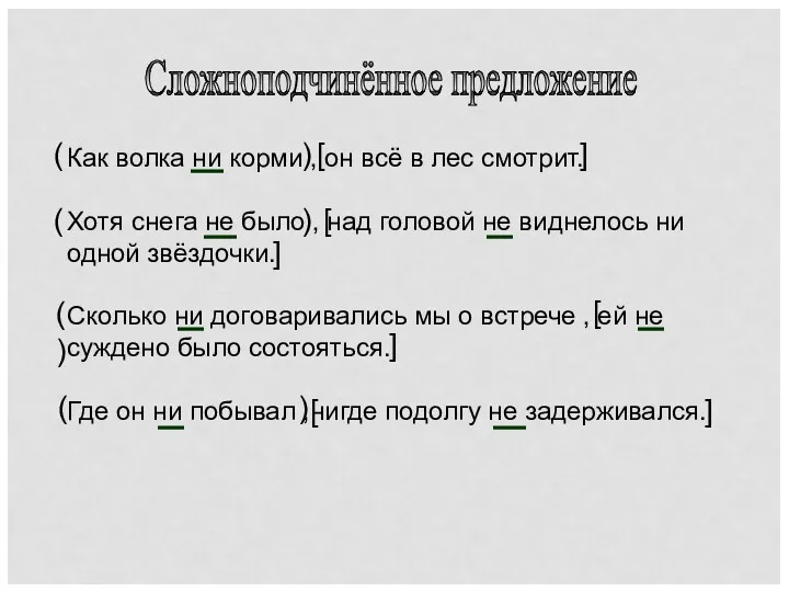 Сложноподчинённое предложение Как волка ни корми , он всё в лес смотрит. Хотя