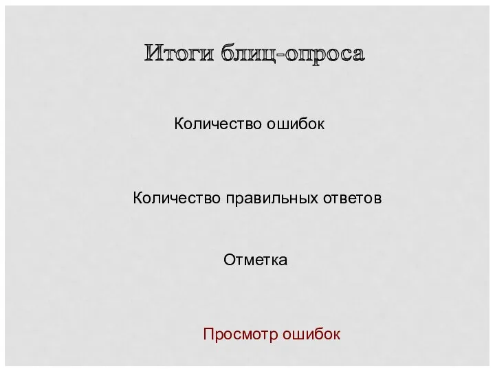 Итоги блиц-опроса Количество ошибок Отметка Просмотр ошибок Количество правильных ответов