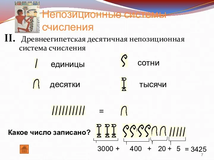 Непозиционные системы счисления II. Древнеегипетская десятичная непозиционная система счисления 3000