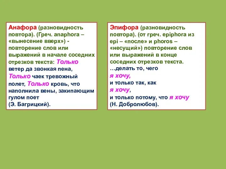 Анафора (разновидность повтора). (Греч. anaphora – «вынесение вверх») - повторение