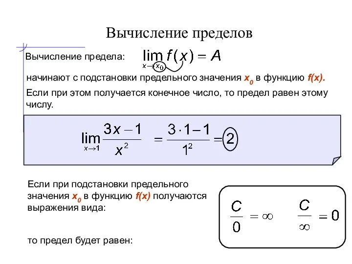 Вычисление пределов Вычисление предела: начинают с подстановки предельного значения x0 в функцию f(x).