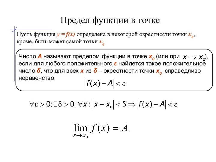 Предел функции в точке Пусть функция y = f(x) определена в некоторой окрестности
