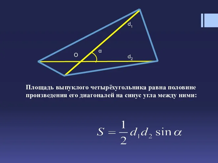 Площадь выпуклого четырёхугольника равна половине произведения его диагоналей на синус угла между ними: