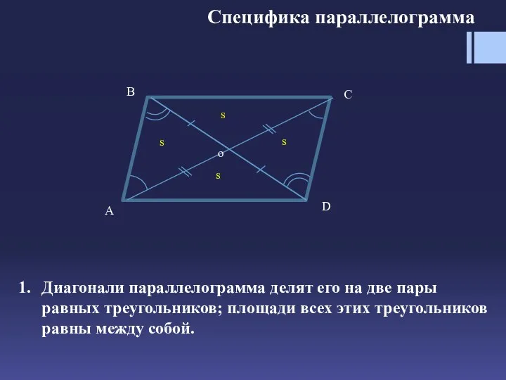 Диагонали параллелограмма делят его на две пары равных треугольников; площади