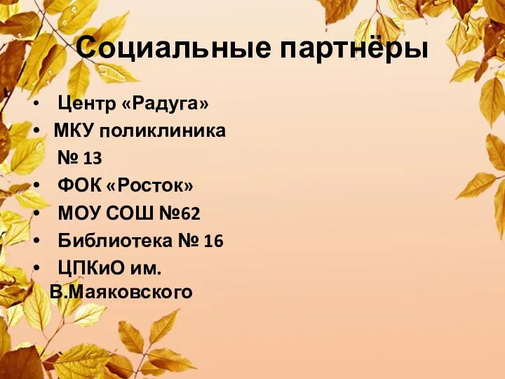 Социальные партнёры Центр «Радуга» МКУ поликлиника № 13 ФОК «Росток» МОУ СОШ №62