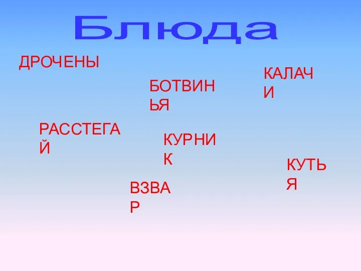 Блюда ДРОЧЕНЫ РАССТЕГАЙ БОТВИНЬЯ ВЗВАР КАЛАЧИ КУТЬЯ КУРНИК