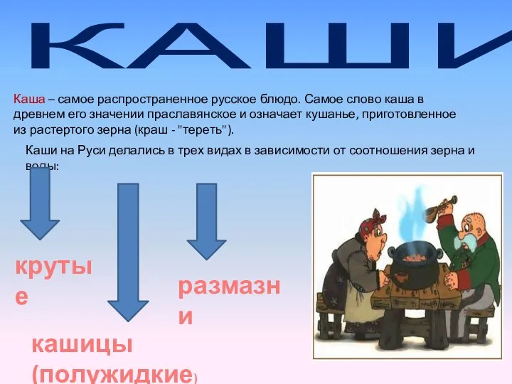 КАШИ крутые Каши на Руси делались в трех видах в зависимости от соотношения