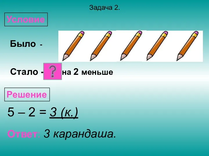 Стало - на 2 меньше Было - Задача 2. Условие