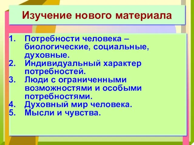 Изучение нового материала Потребности человека – биологические, социальные, духовные. Индивидуальный