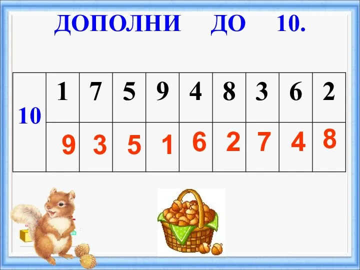 ДОПОЛНИ ДО 10. 9 3 5 1 6 2 7 4 8