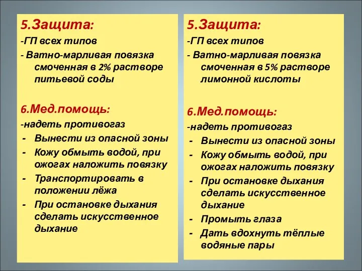 5.Защита: -ГП всех типов - Ватно-марливая повязка смоченная в 2%