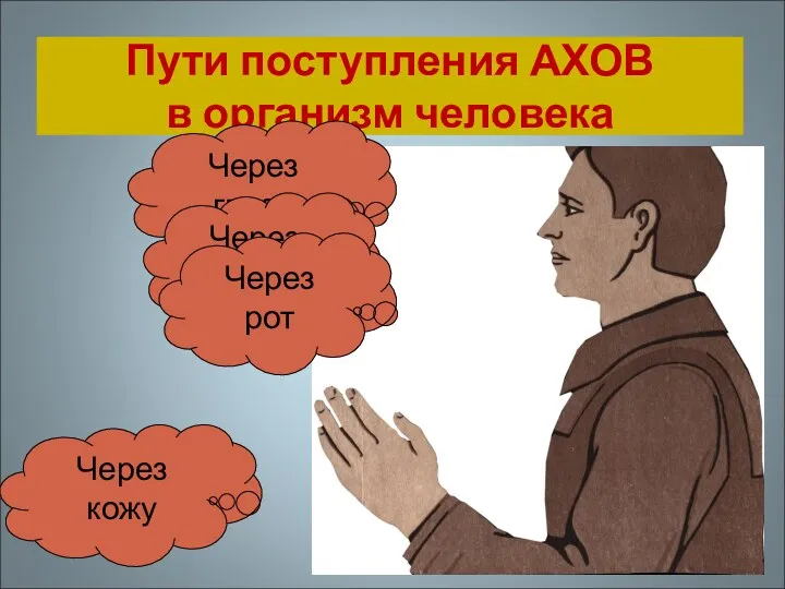 Пути поступления АХОВ в организм человека Через глаза Через нос Через рот Через кожу