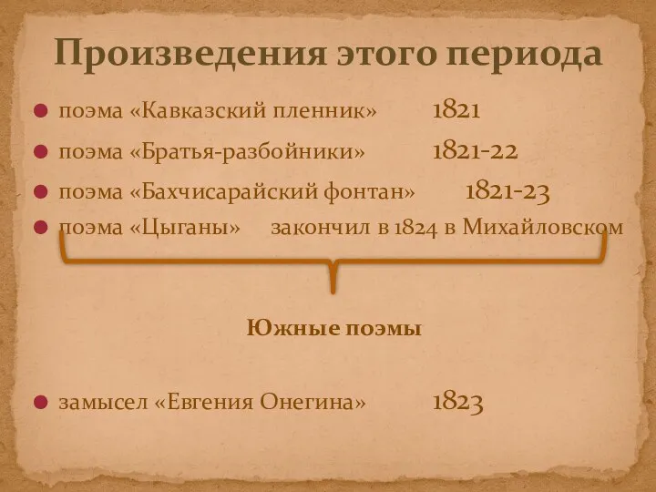 поэма «Кавказский пленник» 1821 поэма «Братья-разбойники» 1821-22 поэма «Бахчисарайский фонтан» 1821-23 поэма «Цыганы»