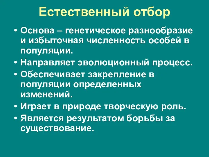 Естественный отбор Основа – генетическое разнообразие и избыточная численность особей