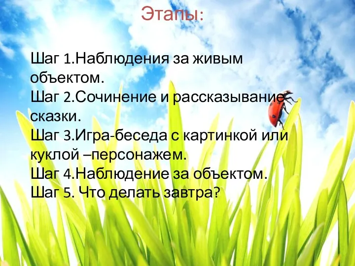 Этапы: Шаг 1.Наблюдения за живым объектом. Шаг 2.Сочинение и рассказывание