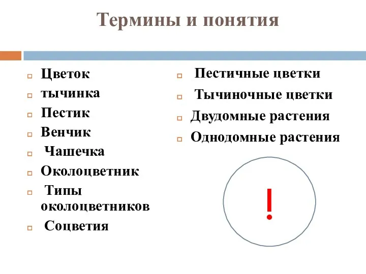 Термины и понятия Цветок тычинка Пестик Венчик Чашечка Околоцветник Типы