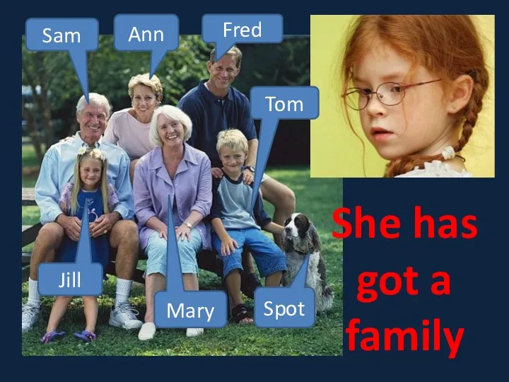 She has got a family Sam Ann Fred Tom Jill Mary Spot